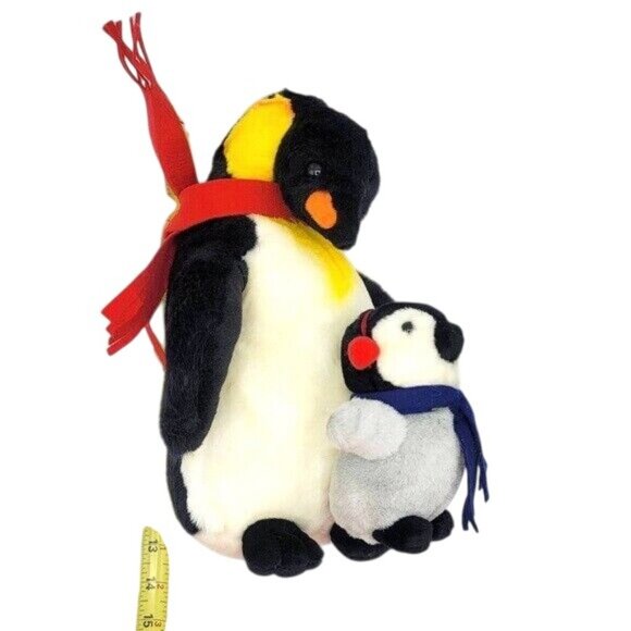 WishPets Penguin & Baby Plush 13" Scarf Earmuffs Winter Dapper #14019 Vintage - Picture 10 of 10